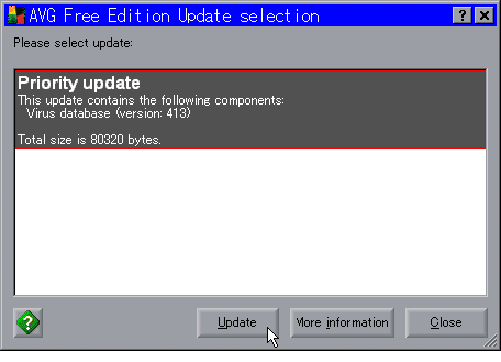 「優先的更新」としてウィルス・データベースの413版が表示されています。サイズ情報もあります。ボタンは「Update」「More information」「Close」の３個。