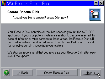 「救済ディスクを今すぐ作成するか？」と問われているところ。ボタンは「Back」「Create Rescue Disk」「Next」の３個。