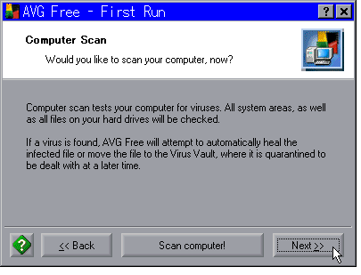 コンピュータ走査を今すぐ実行するかを問う画面。ボタンは「Back」「Scan computer!」「Next」の３個。